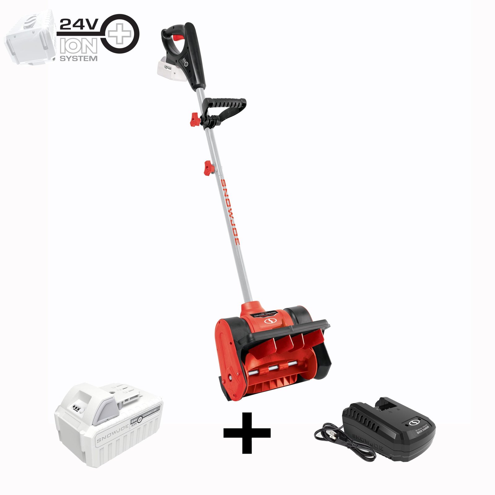 Snow Joe 24 volt cordless snow shovel in red, 12 inch clearing width