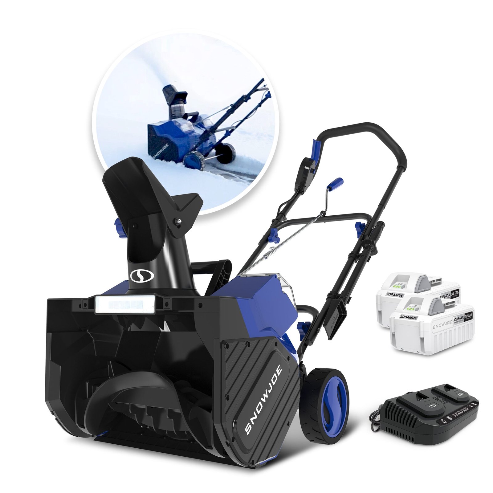 Snow Joe 48 volt IONMAX cordless snow blower kit with two batteries and a charger