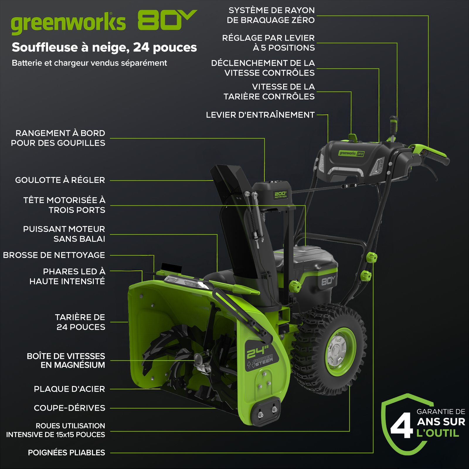 Greenworks 80V 24 inch Dual Stage Snow Thrower (Tool Only), view 11