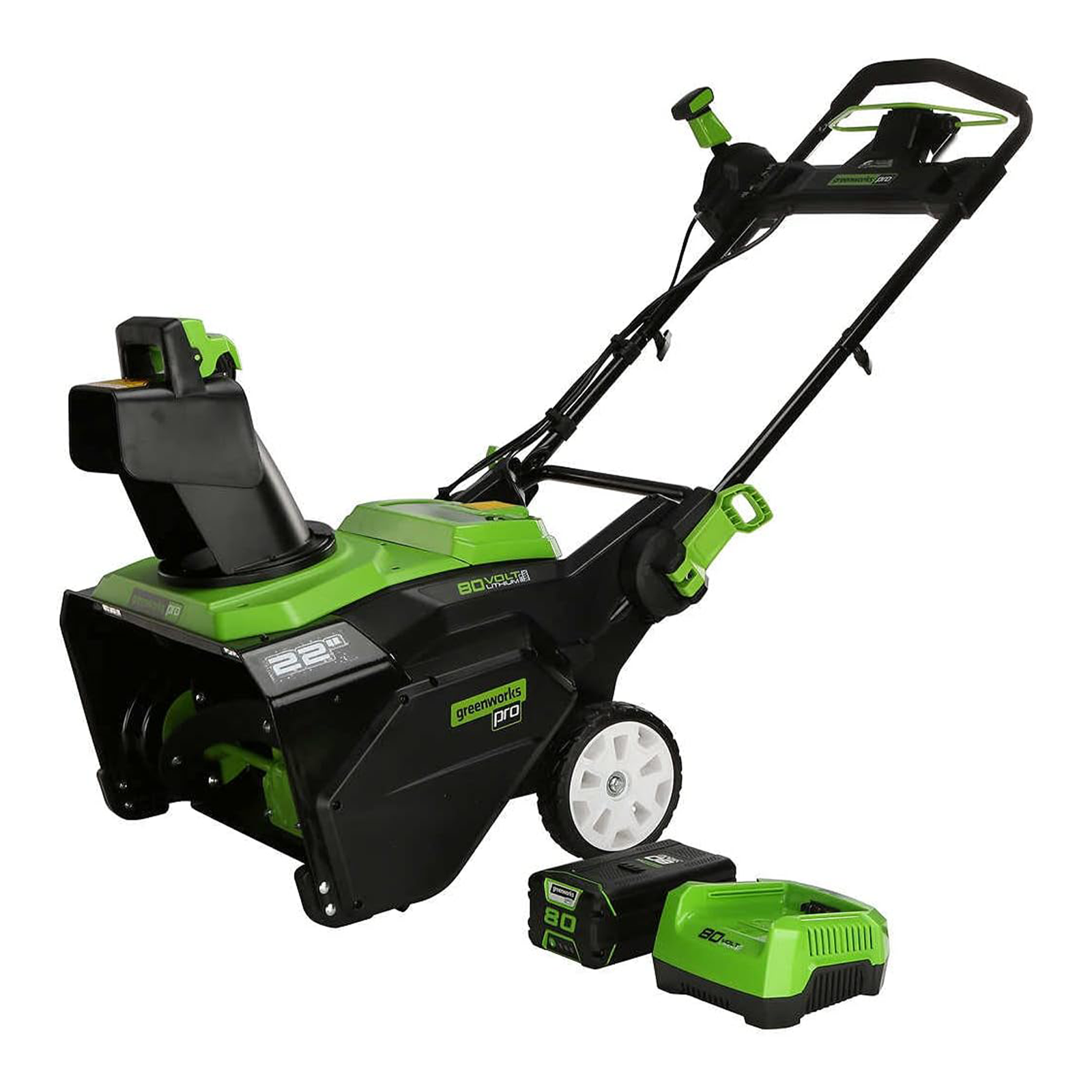 Greenworks 80 volt 22 inch cordless snow thrower with battery and rapid charger