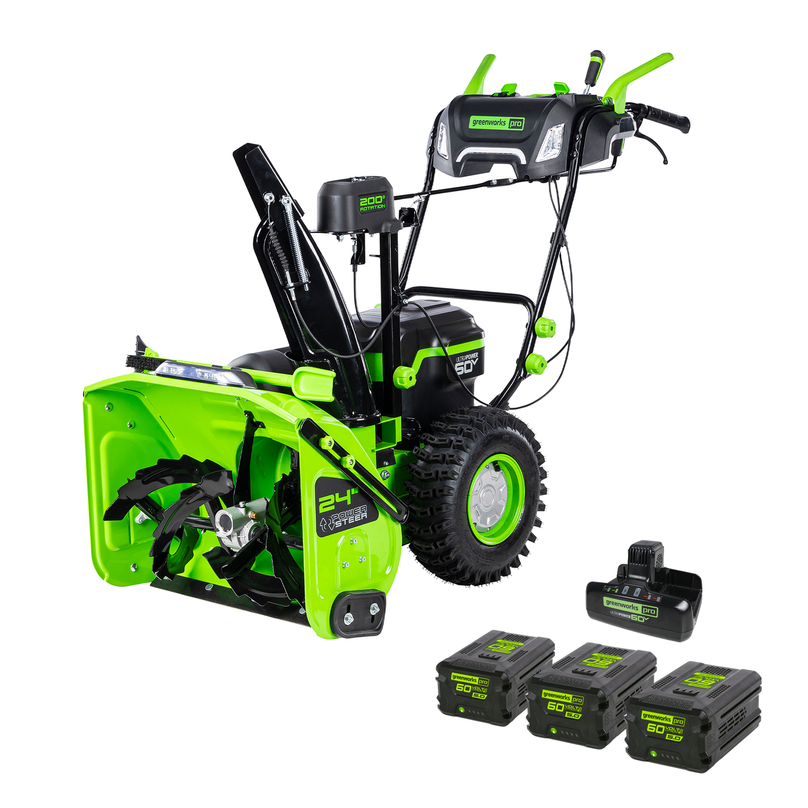 60V 24 inch Dual Stage Snow Thrower, (3) 5.0Ah Batteries and Dual Port Charger Included, 24 inch clearing width, in stock in Canada