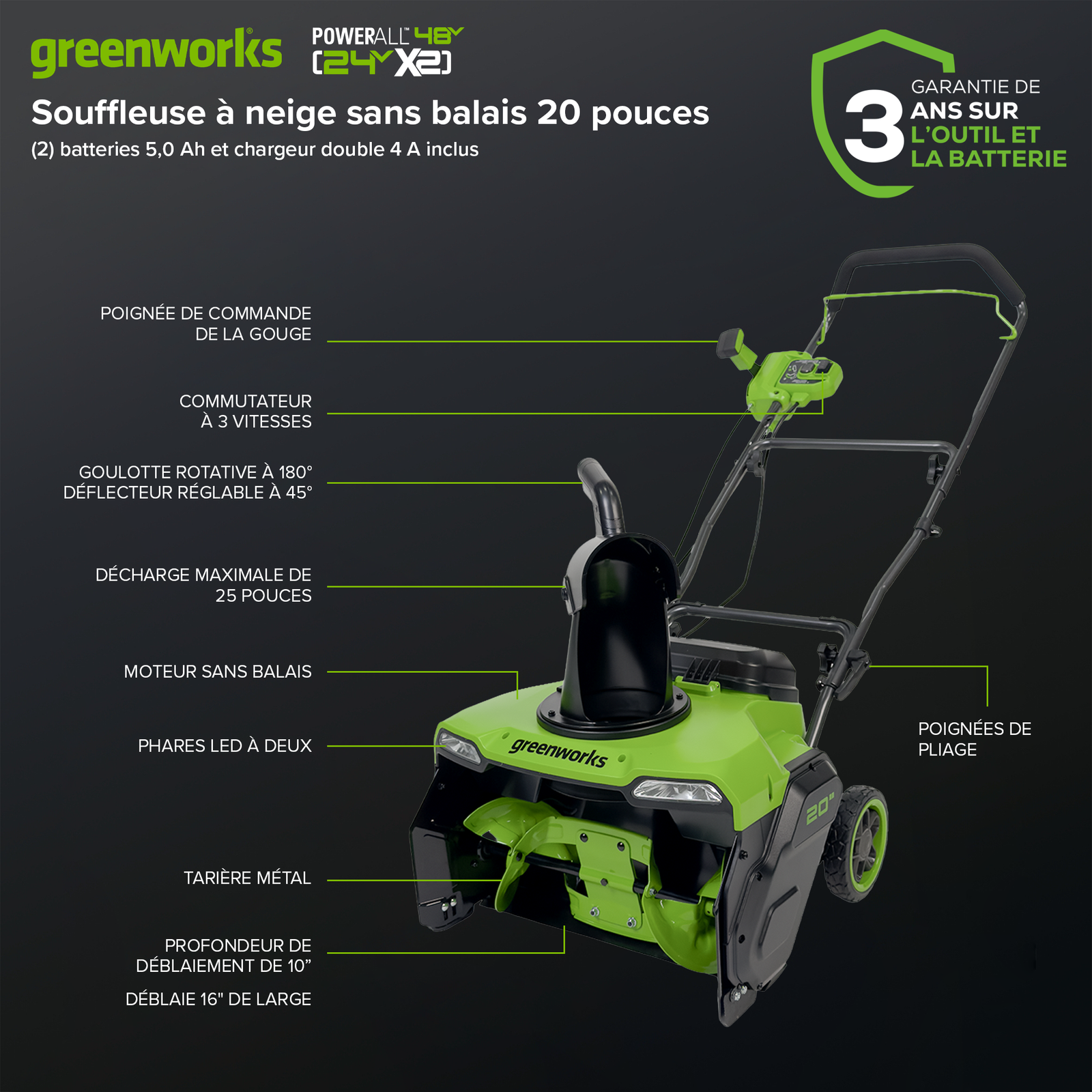 Greenworks 48V (24V x 2) 20 inch Brushless Snow Thrower, (2) 5.0Ah Batteries & 4A Dual Rapid Charger Included, view 10