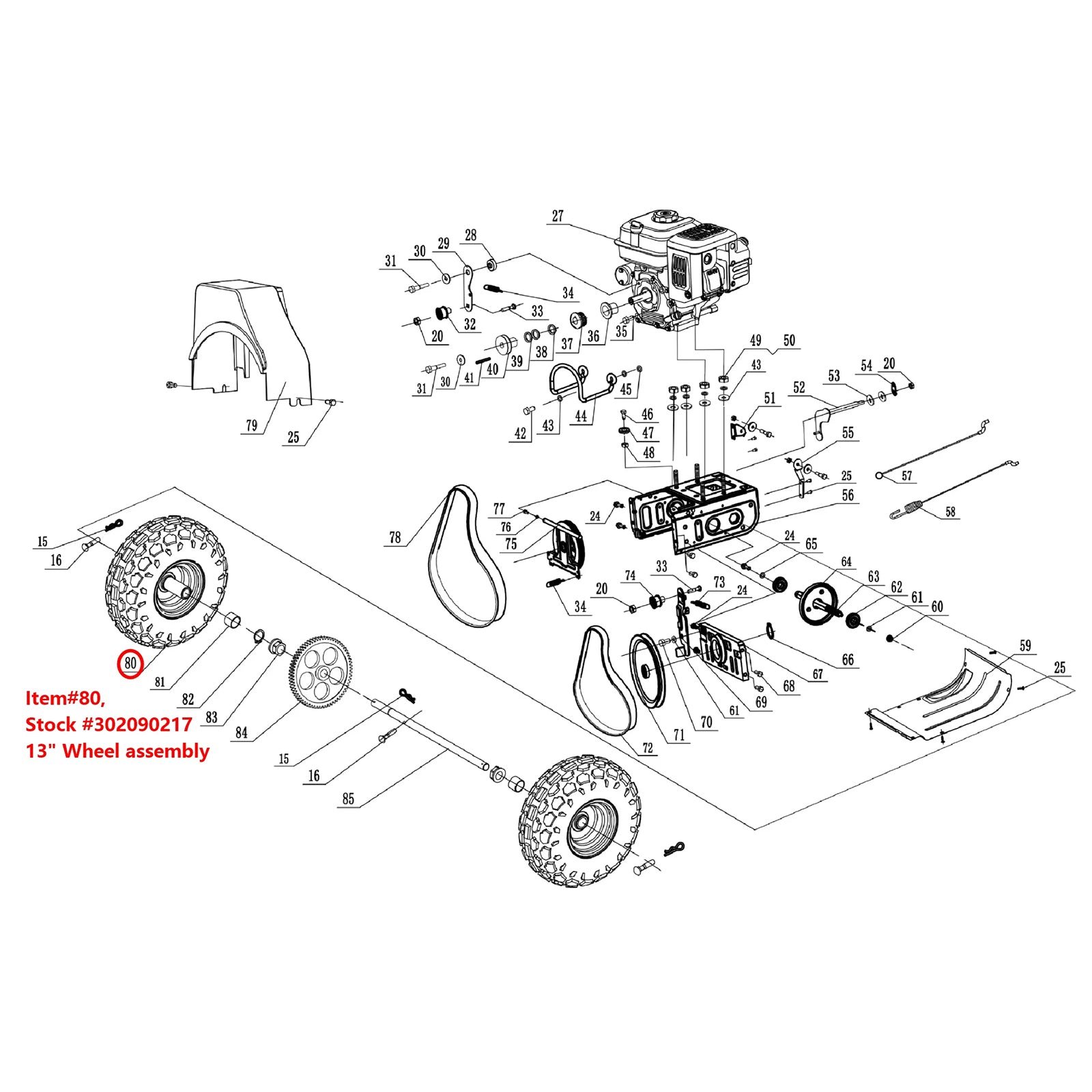 Snow blower 13 tire wheel assembly: Snow Blower Parts, 13" Tire Wheel Assembly (186C Red), Stock #302090217, stock number