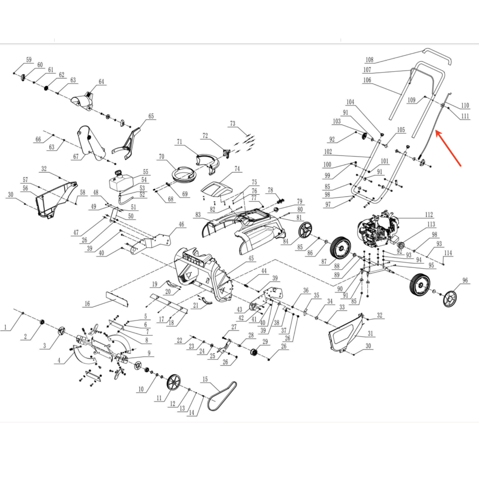 Powersmart snowblowerr parts: PowerSmart SnowBlowerr Parts, Auger Control Cable (SINGLE-STAGE), Stock #303200142, stock