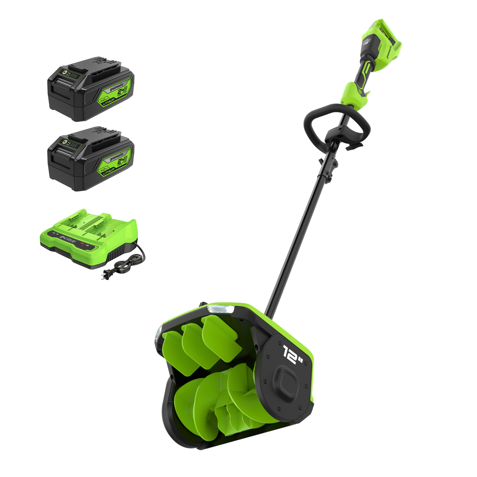 12 inch cordless snow shovel: 48V (24V x 2) 12" Brushless Snow Shovel, (2) 4.0Ah Batteries and Dual Port Charger In