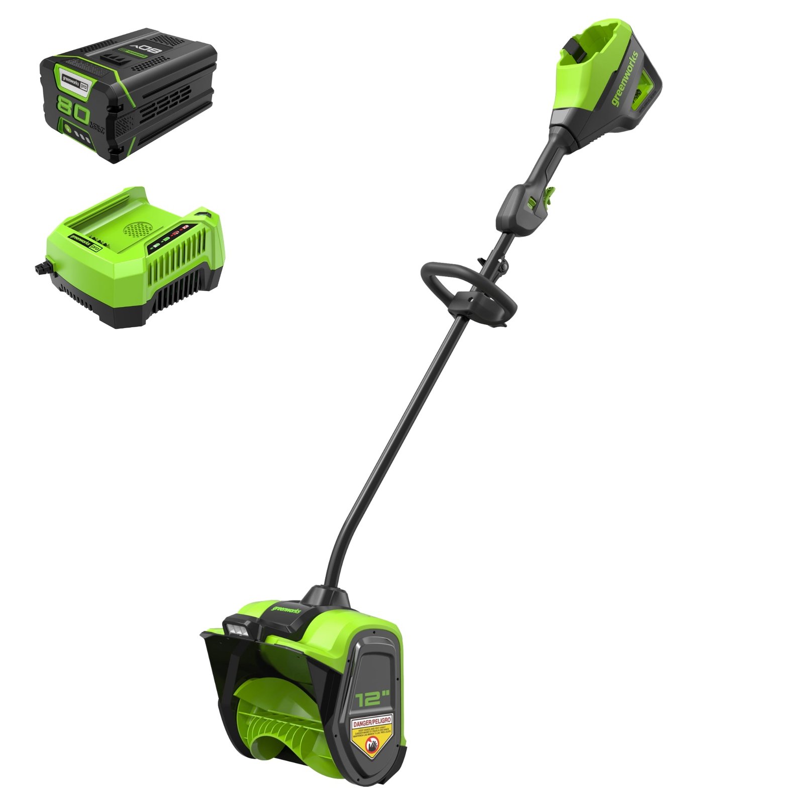 Greenworks 80V 12 inch cordless snow shovel clearing a narrow path