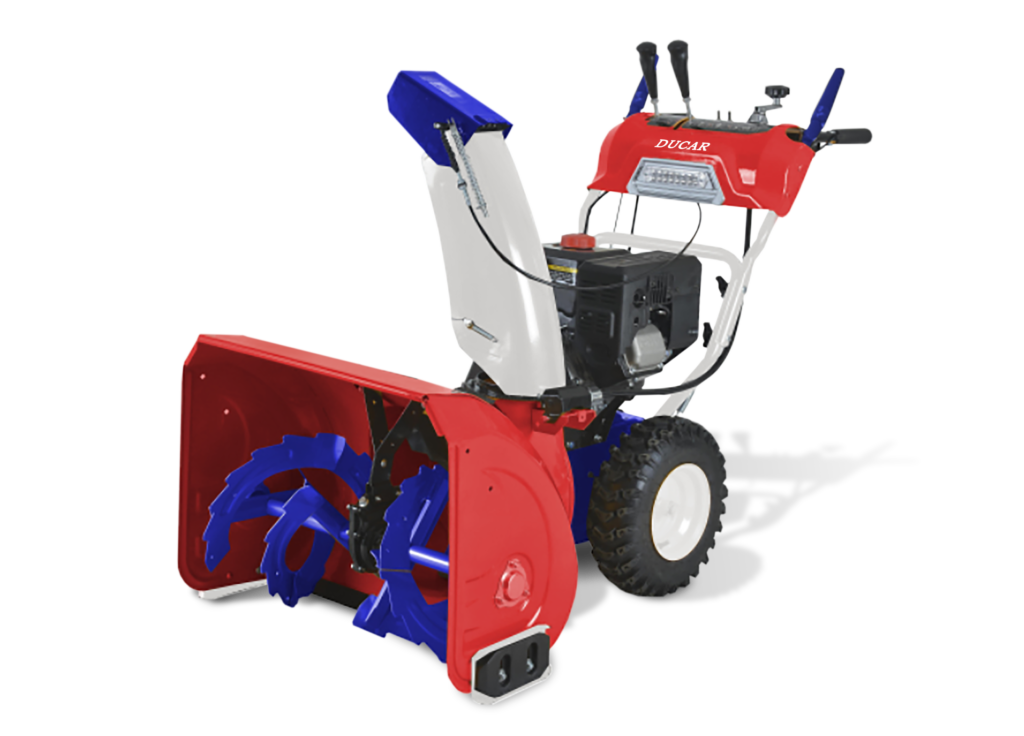 Snow blower maintenance: two stage machine with the auger housing and skid shoes visible for inspection