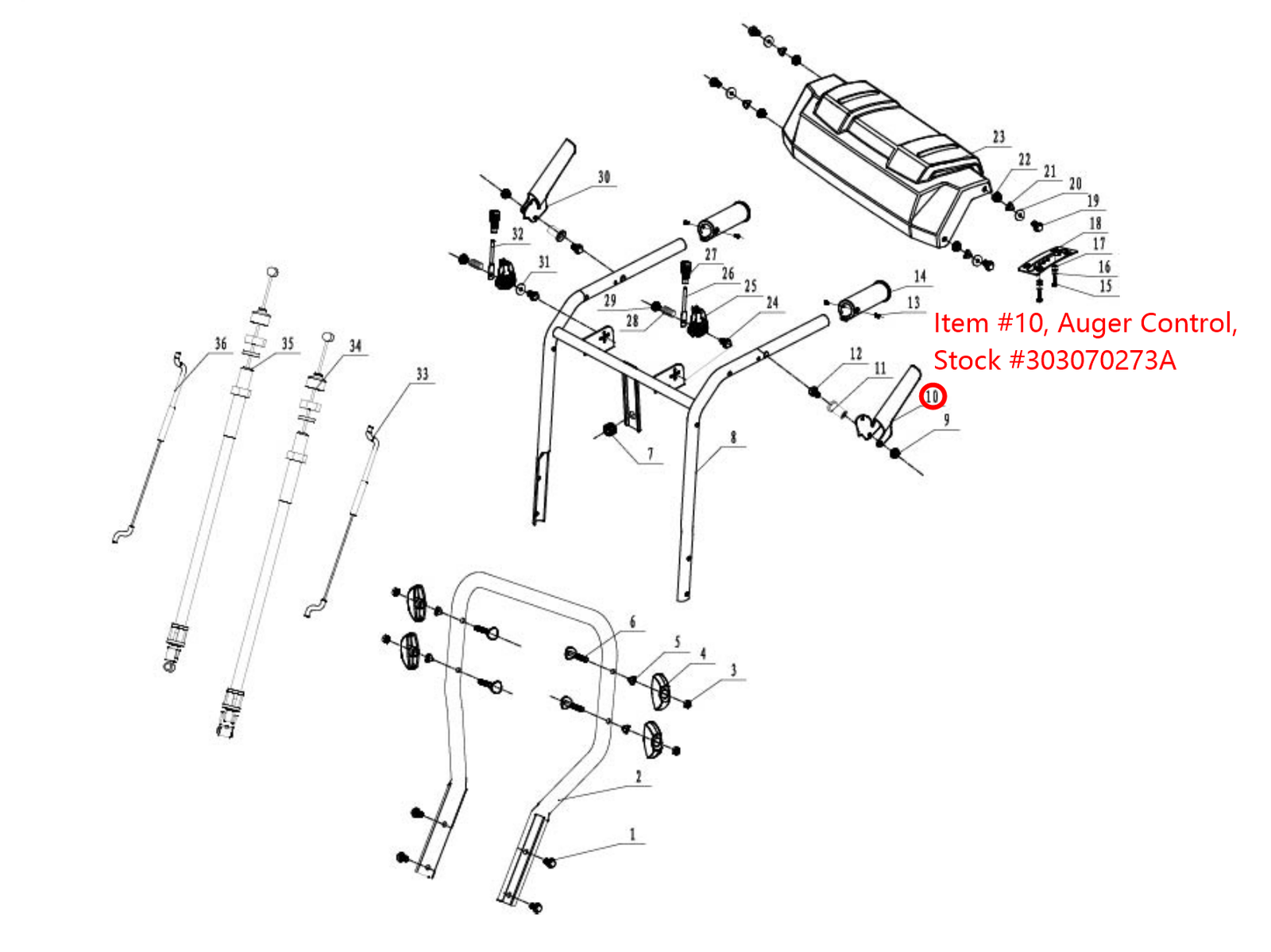 auger control assembly for a snow blower, stock number 303070273A
