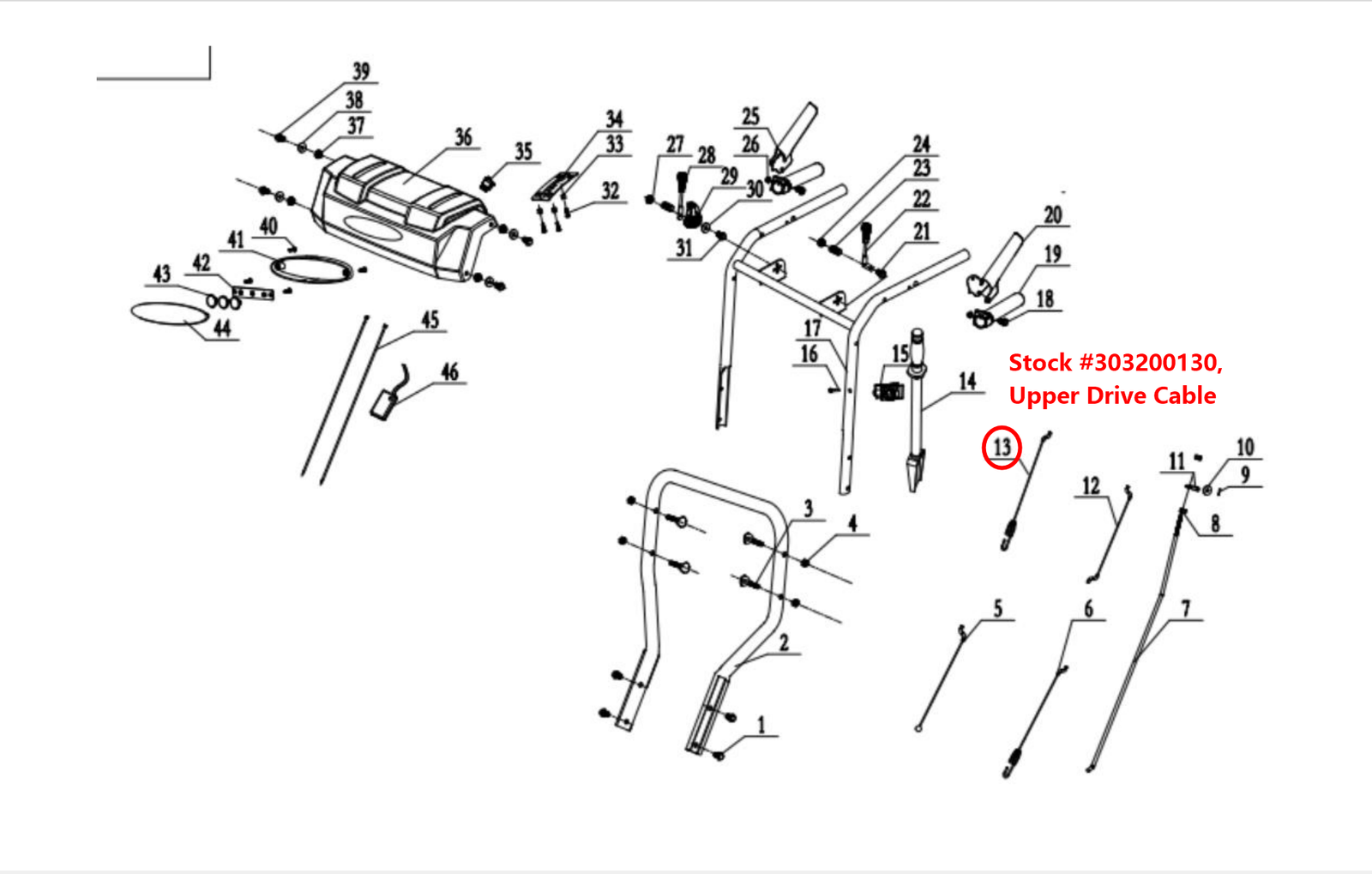 Snow blower upper drive cable: Snow Blower Parts, Upper Drive Cable w/Spring , Stock #: 303200130, stock number 303200130