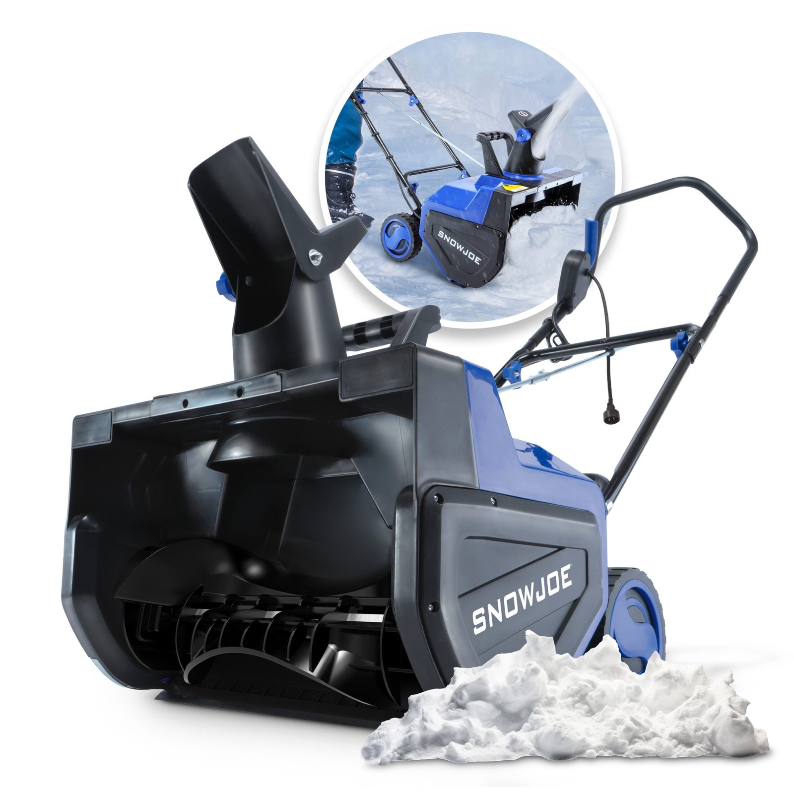 Corded electric snow blower clearing a paved residential driveway in winter