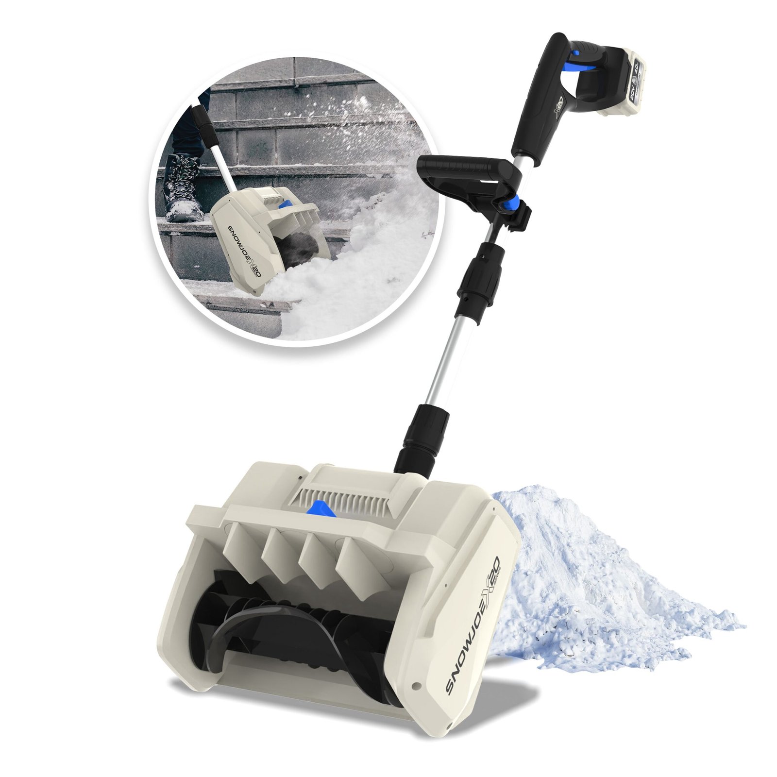 Corded electric snow blower clearing a narrow residential path in Canada